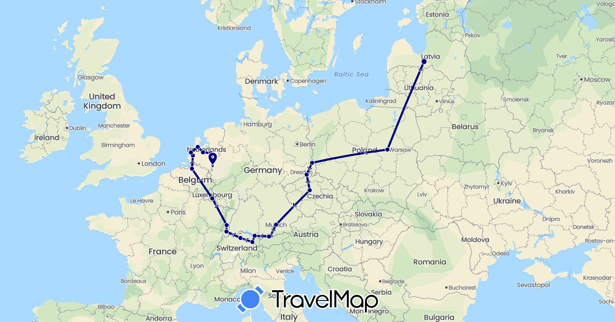 TravelMap itinerary: driving in Austria, Belgium, Switzerland, Czech Republic, Germany, France, Luxembourg, Latvia, Netherlands, Poland (Europe)